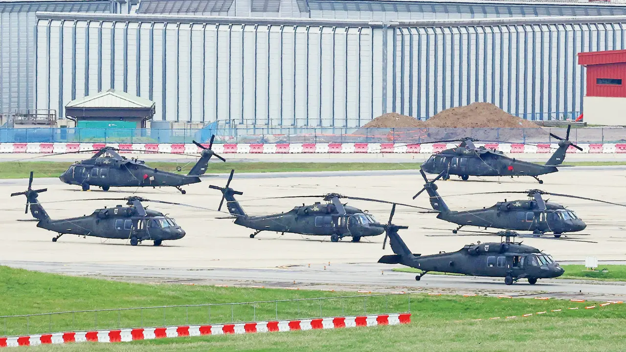 US President Donald Trump cuts Korea war games US Army UH-60 Black Hawk helicopters are seen at Camp Humphreys in Pyeongtaek on Monday. PIC/AFP