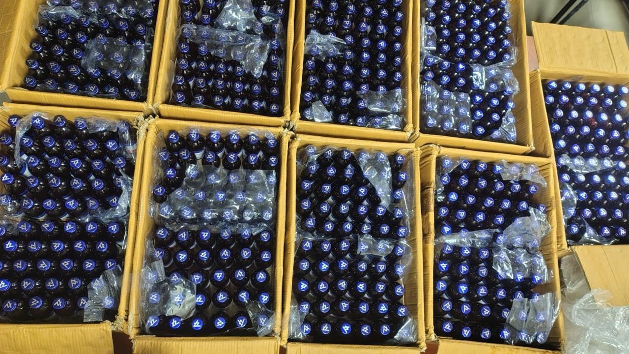 NCB intercepted a passenger bus travelling from Gujarat to Mumbai on August 8 and seized 1,080 bottles of codeine-based cough syrup, weighing around 108 kg. Pic/NCB