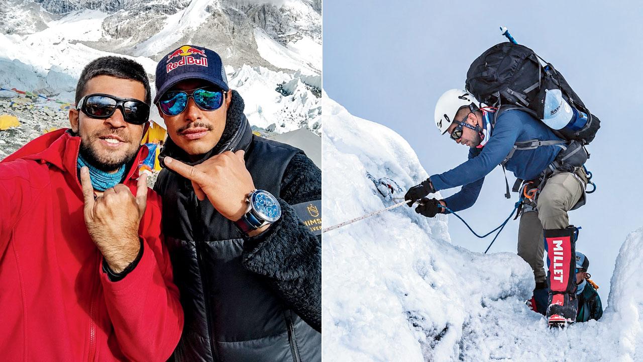 No shortcuts to the summit: Mountaineer shares lessons on climbing safely at high altitudes (Left) Parth Upadhyay with Nirmal Purja, also known as Nims Dai; (right) Upadhyay climbs Manaslu, located in the Mansiri Himal range of the Nepalese Himalayas. Pics Courtesy/Parth Upadhyay