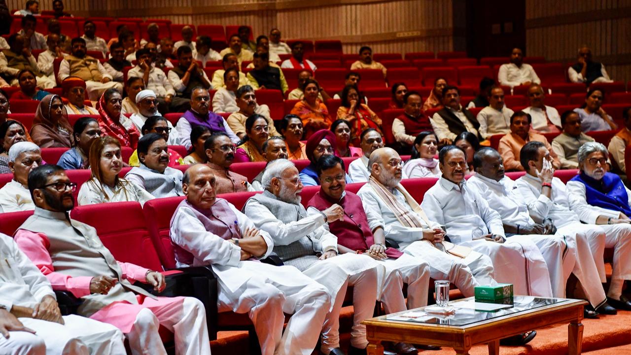 The meeting, known as "Mangal Milan", was held at the Parliament House complex in New Delhi and was attended by several senior BJP leaders and representatives of NDA allies. Pic/PTI