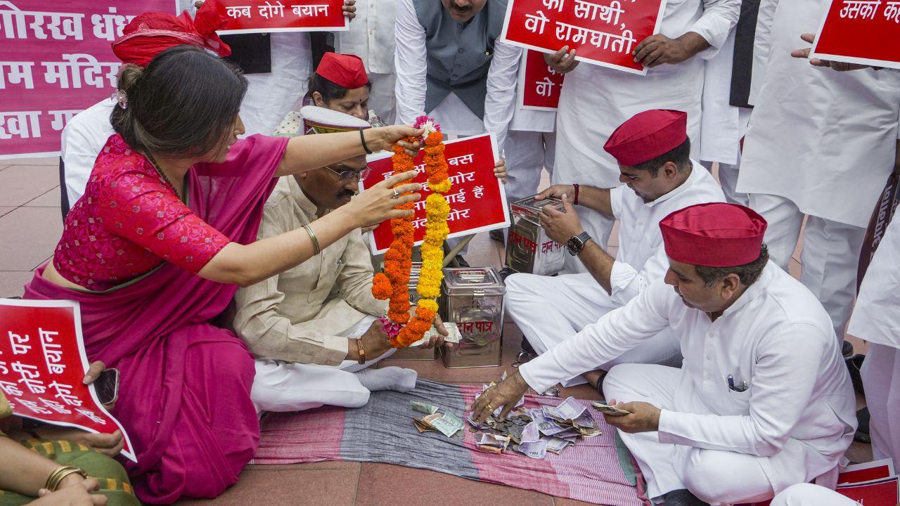 On Friday, the INDIA bloc MPs had staged a skit during their protest in Parliament House complex On Friday, the INDIA bloc MPs had staged a skit during their protest in Parliament House complex