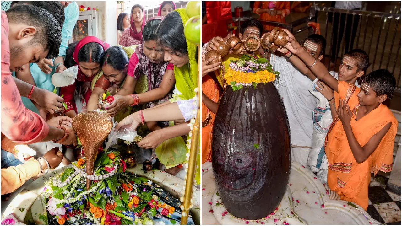 PICS: Devotees offer prayers on the last Monday of Shravan across north India The last Monday of Shravan saw lakhs of devotees across north India pray. Photos Courtesy: PTI