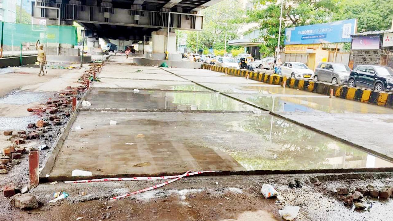 Construction work underway beneath the Teli Galli flyover in Andheri, where a long-promised public recreation and sports hub is taking shape. Pics/By Special Arrangement