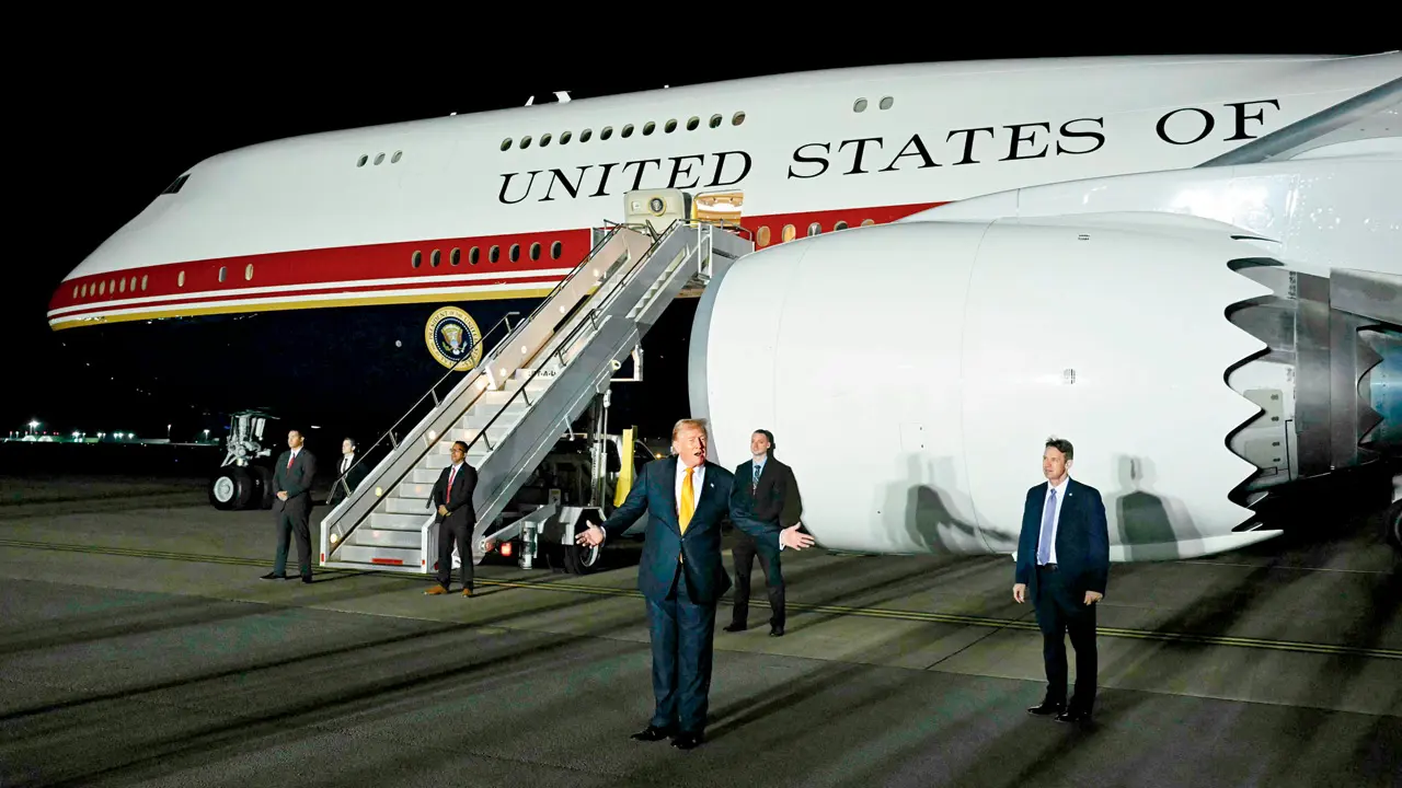 Trump secretly switched aircraft after NATO summit amid Iran threat: Report US President Donald Trump gestures in front of Air Force One after disembarking from the older VC-25A Air Force One at Royal Air Force (RAF) Mildenhall in eastern England on July 8, 2026. PIC/AFP