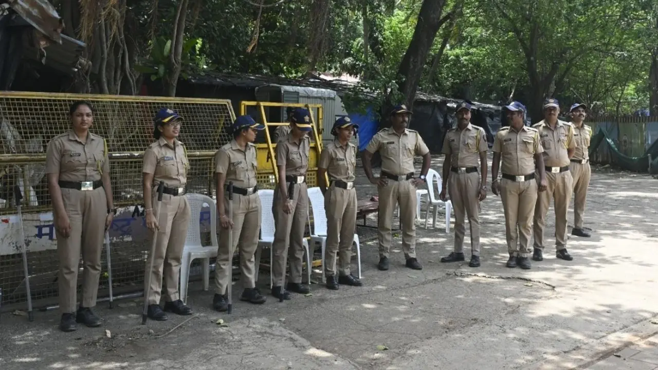 In Photos: Security heightened at Azad Maidan amid Maratha quota protest threat Police personnel stand guard at Azad Maidan in Mumbai as authorities tighten security amid the possibility of a Maratha protest march.(PIC/ASHISH RAJE)