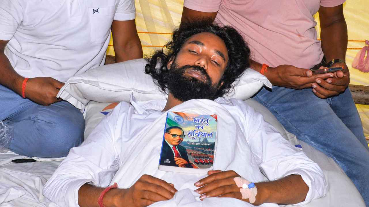 Student leader Devendra Nath Mahto during his indefinite hunger strike against alleged JPSC-JSSC examination irregularities in Ranchi, Jharkhand, on Monday, August 10, 2026, as the protest entered its 17th day