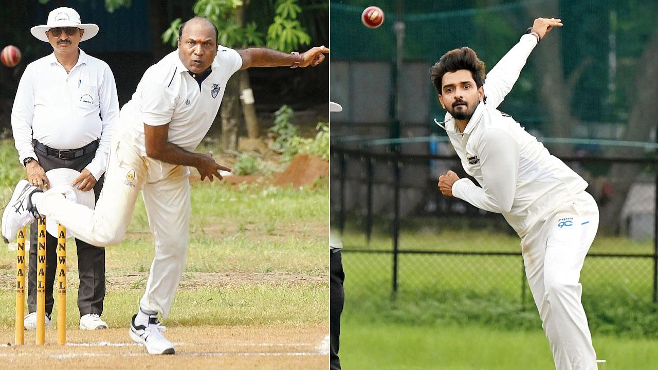 Bohra Cricketers pacer Rajesh Pagdhare in full flight against Dahisar Sports Club on Sunday; (right) Shivaji Park Youngsters spinner Vijay Gohil en-route his seven-wicket haul against Karnatak Sporting Association on Sunday. Pics/Ashish Raje