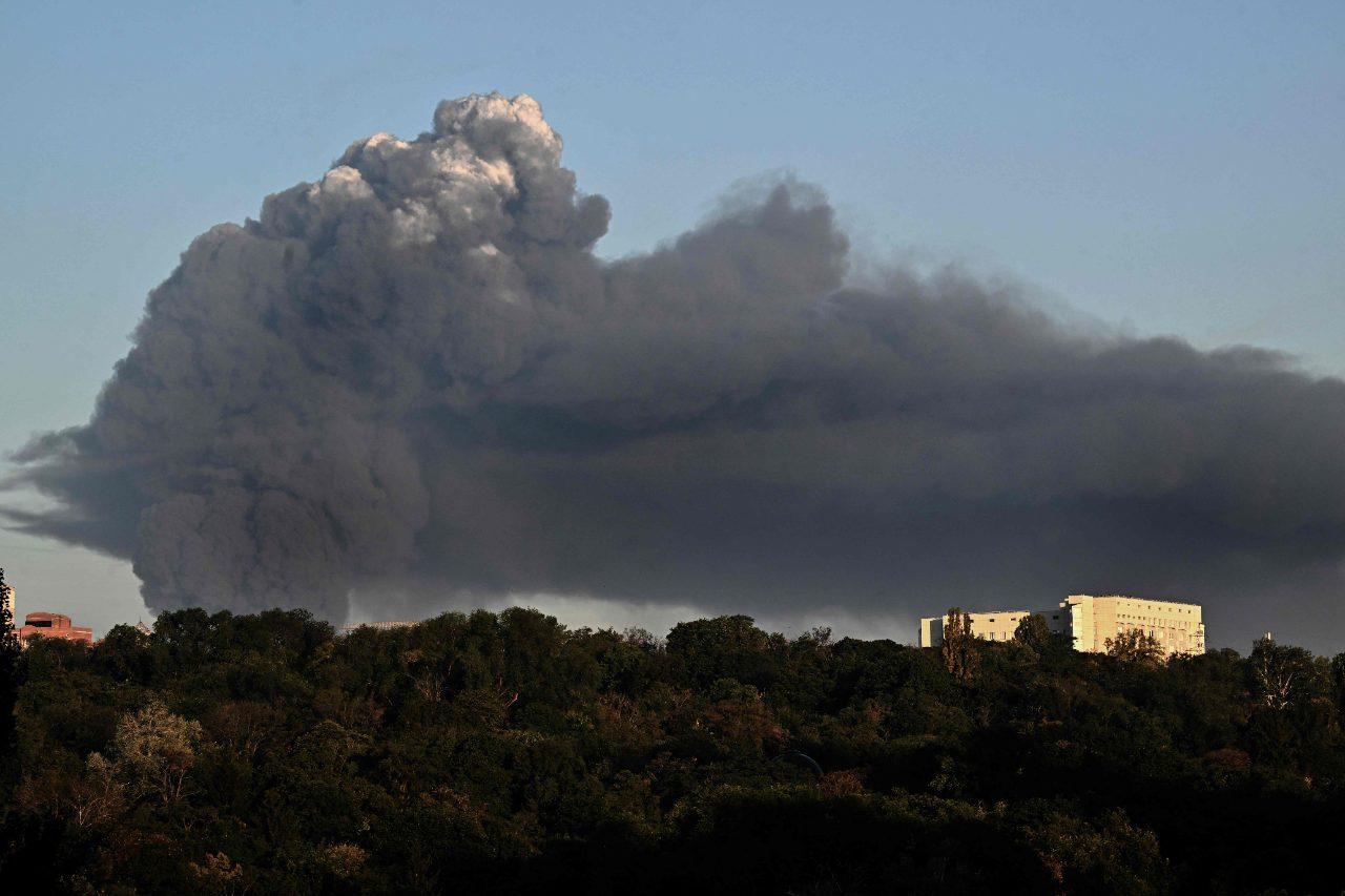 Smoke rises from a damaged building following a Russian drone attack in the Kyiv region Smoke rises from a damaged building following a Russian drone attack in the Kyiv region