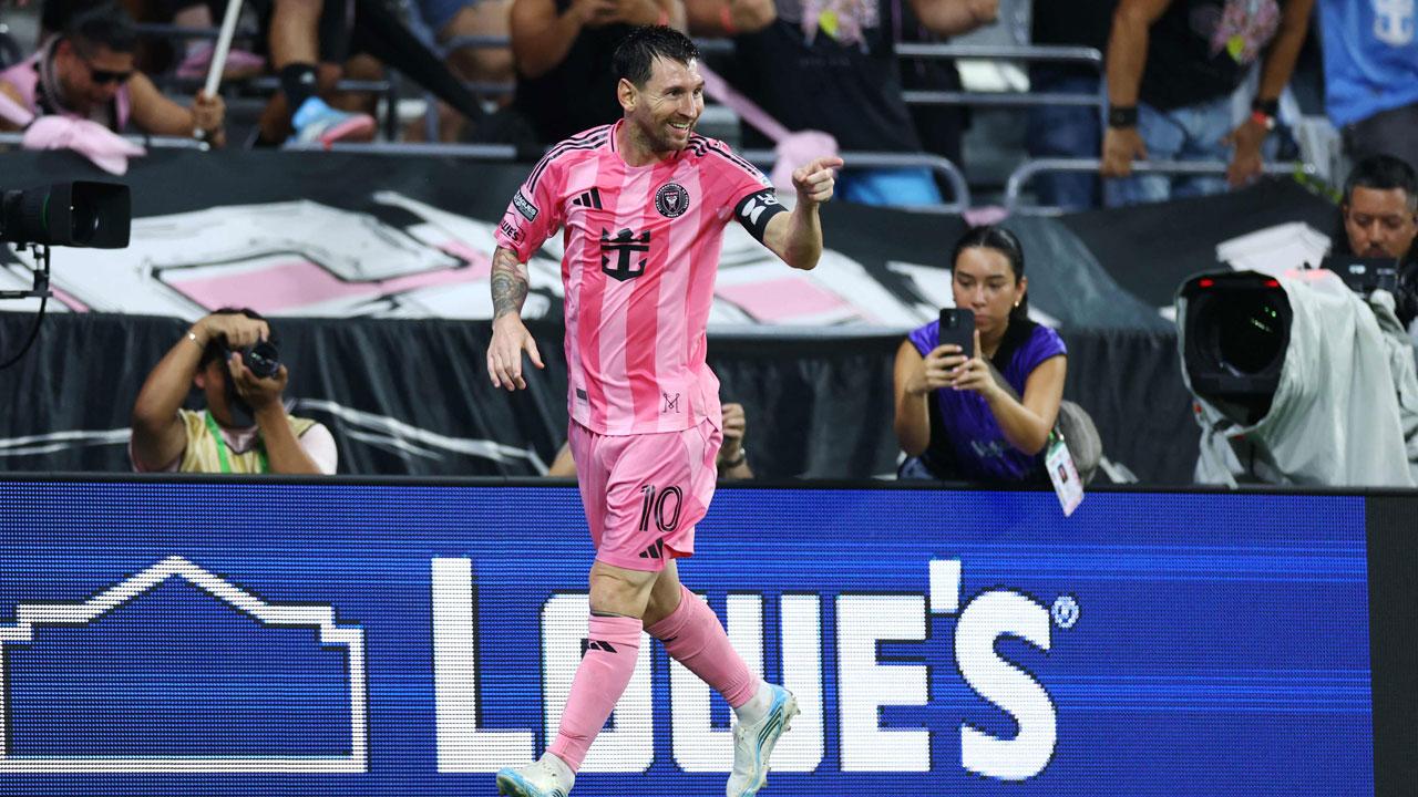 Lionel Messi of Inter Miami CF celebrates scoring his team's third goal during the Leagues Cup Phase One match between Inter Miami CF and Atletico San Luis at Nu Stadium in Miami, Florida. Pic/AFP