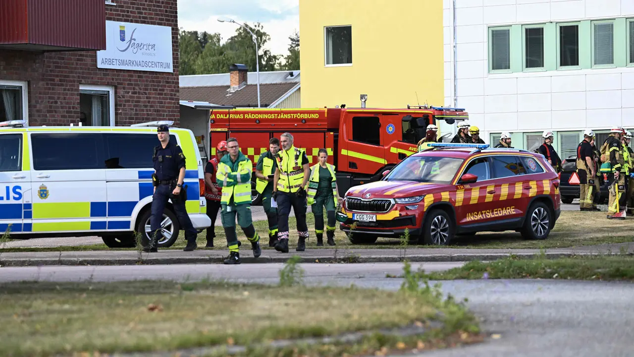 Sweden: One killed, two seriously injured in school sword attack Police officers and rescue services work at the scene where an attacker with a sword wounded several people at a high school in Fagersta, central Sweden. Pic/AFP