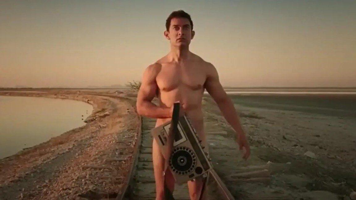 Aamir Khan posed completely nude with a strategically placed vintage transistor radio, in a poster of his blockbuster film PK
