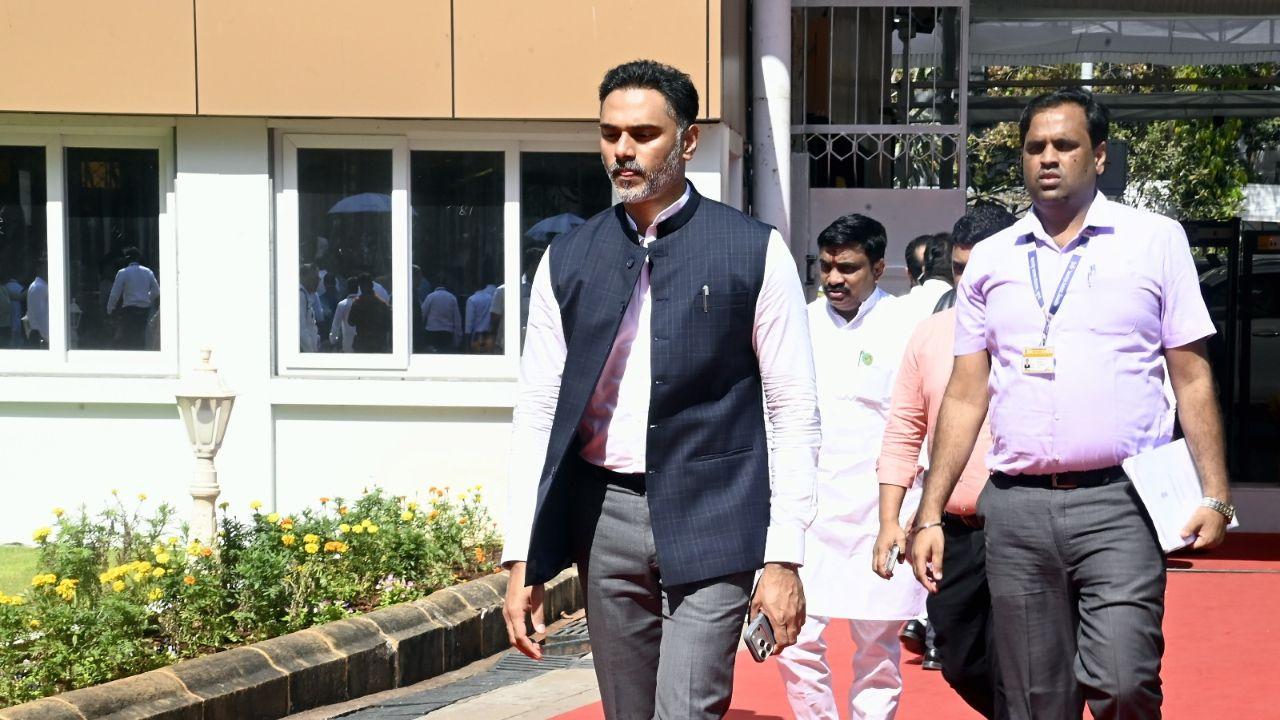 Maharashtra Minister of Food and Drug Administration Yogesh Ramdas Kadam arrives at Vidhan Bhavan ahead of the Budget Session 2026