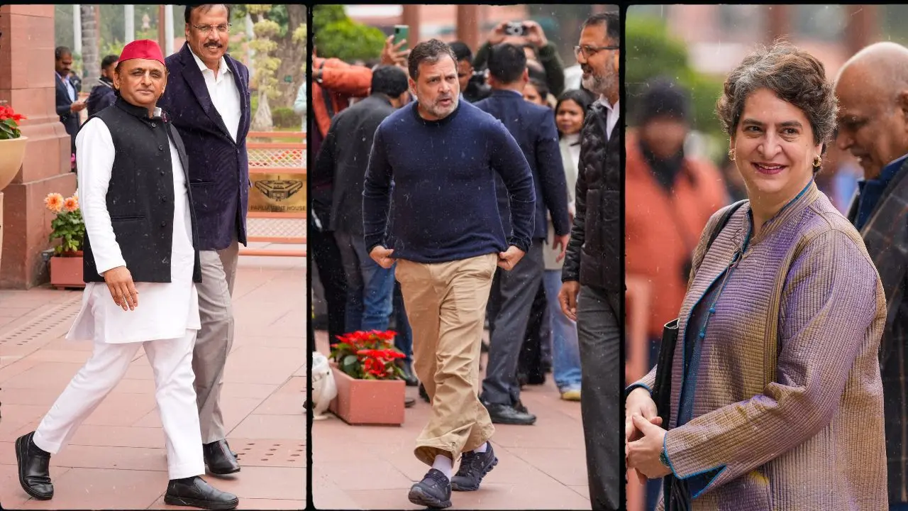 Samajwadi Party MP Akhilesh Yadav (L), Rahul Gandhi (C) and Priyanka Gandhi Vadra (R) arrives at Parliament ahead of the presentation of the ‘Union Budget 2026-27' in New delhi. (PIC/PTI)