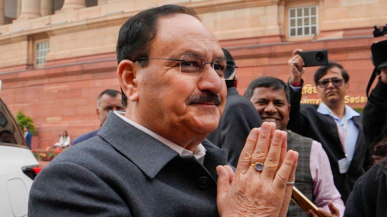 <p>Union Minister JP Nadda greets reporters outside the Parliament complex&nbsp;</p>