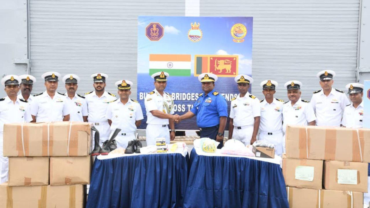 Indian Naval Ship Gharial arrived in Colombo on Thursday, carrying the bridges. Pic/Defence PRO