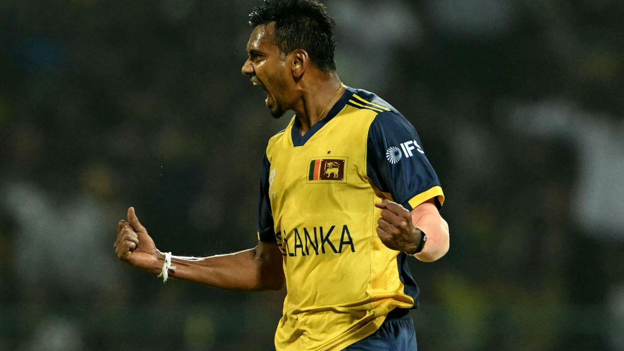 <p>Sri Lanka`s Dushmantha Chameera celebrates after taking the wicket of Australia`s Josh Inglis during the 2026 ICC Men`s T20 Cricket World Cup group stage match between Australia and Sri Lanka <em><strong>(Pic/AFP)</strong></em></p>