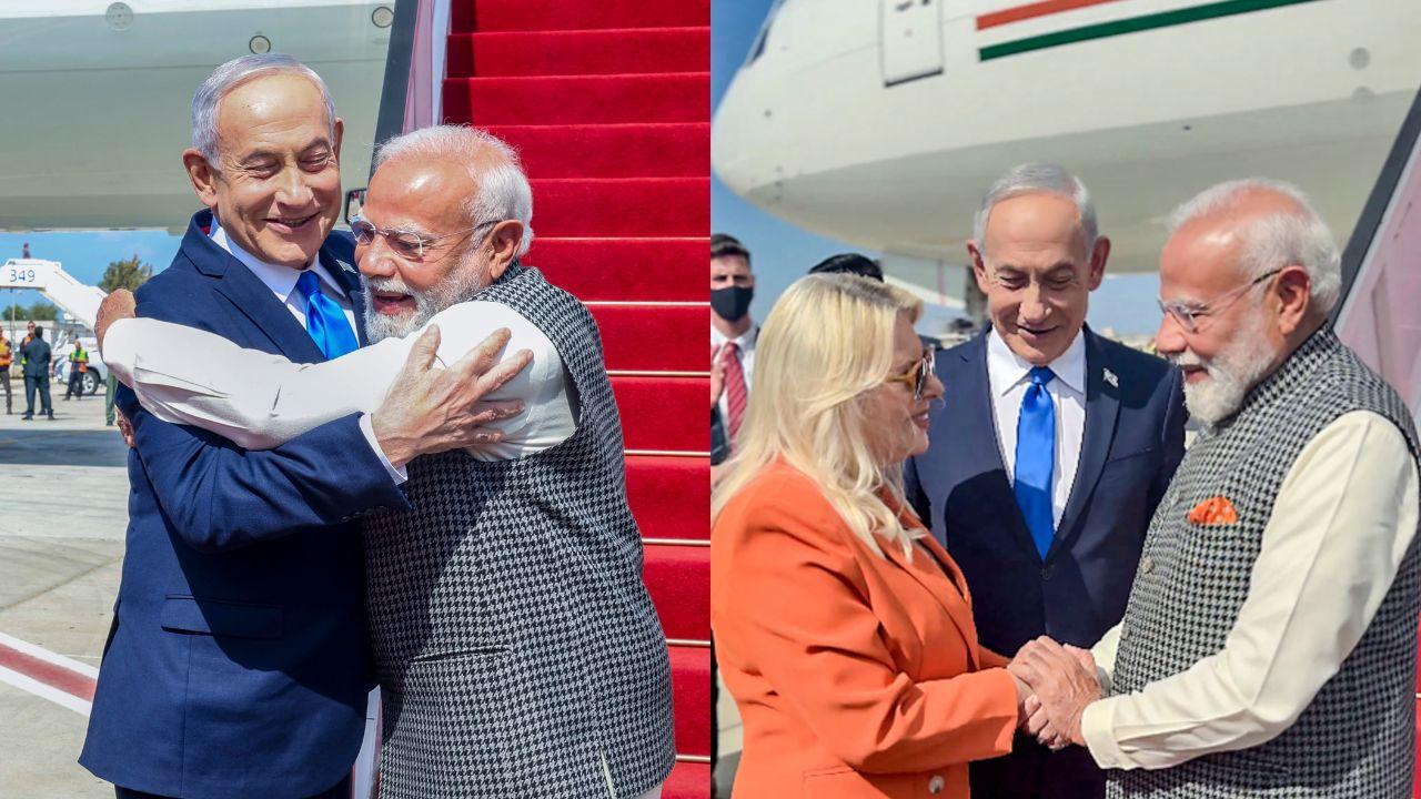 Israeli PM Benjamin Netanyahu, accompanied by his wife Sara, gave a warm welcome to the Indian PM at the Ben Gurion Airport