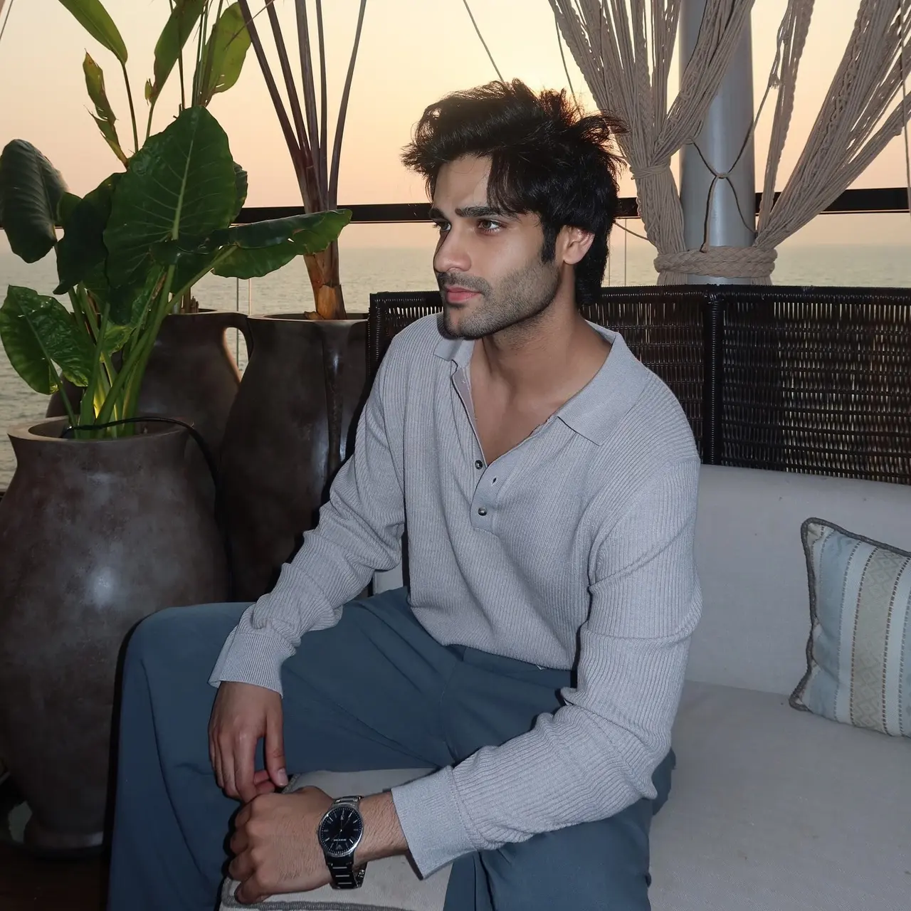 Aaman Devgan keeps it casual yet stylish in a grey sweatshirt paired with matching pants.