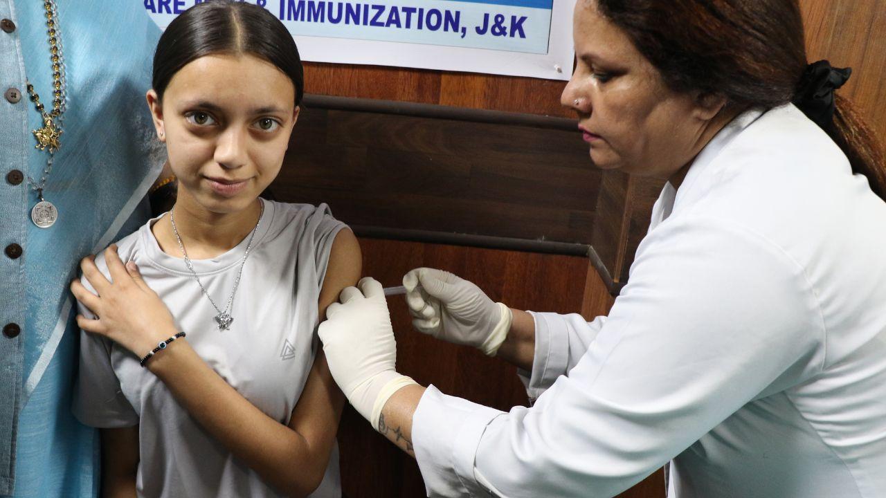  A girl being administered with the Human Papillomavirus (HPV) vaccine in Jammu