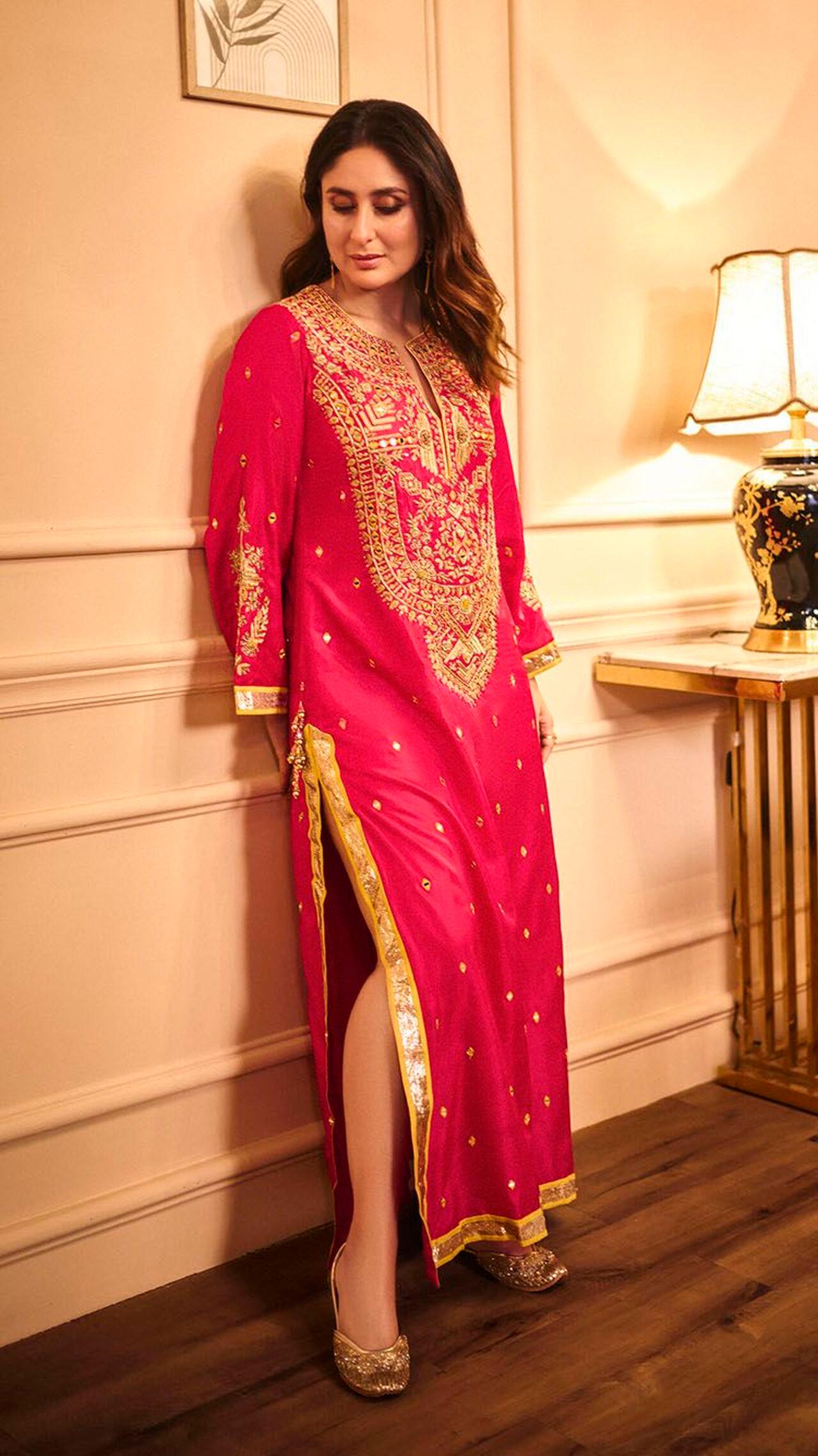 Add a royal touch to your iftaari celebrations like Kareena Kapoor with this crafted from luxurious silk and features intricate threadwork, zardozi, aari, and gota detailing. 