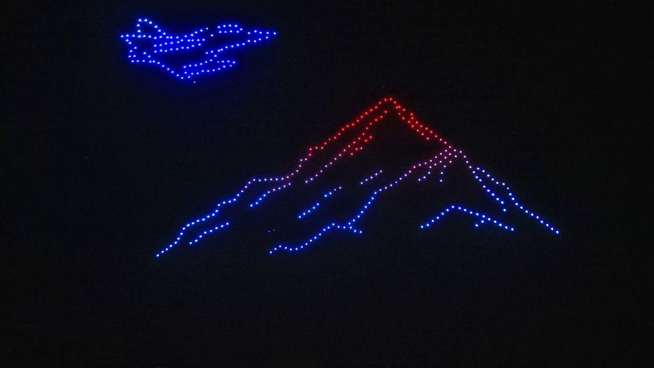 The desert sky transformed after the rehearsal as a spectacular drone show begins, synchronised lights forming dynamic aerial patterns above Chandan Field Firing Range