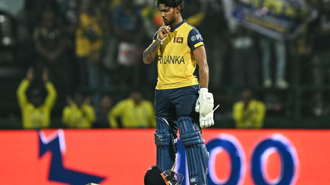 <p>Pathum Nissanka celebrates after scoring a century (100 runs) during the clash between Australia and Sri Lanka <em><strong>(Pic/AFP)</strong></em></p>