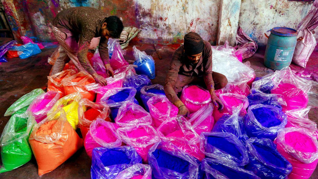Wholesale traders in Ahmedabad pack vibrant powders, with Gujarat also set to mark Holika Dahan on March 2 and celebrate Dhuleti on March 3