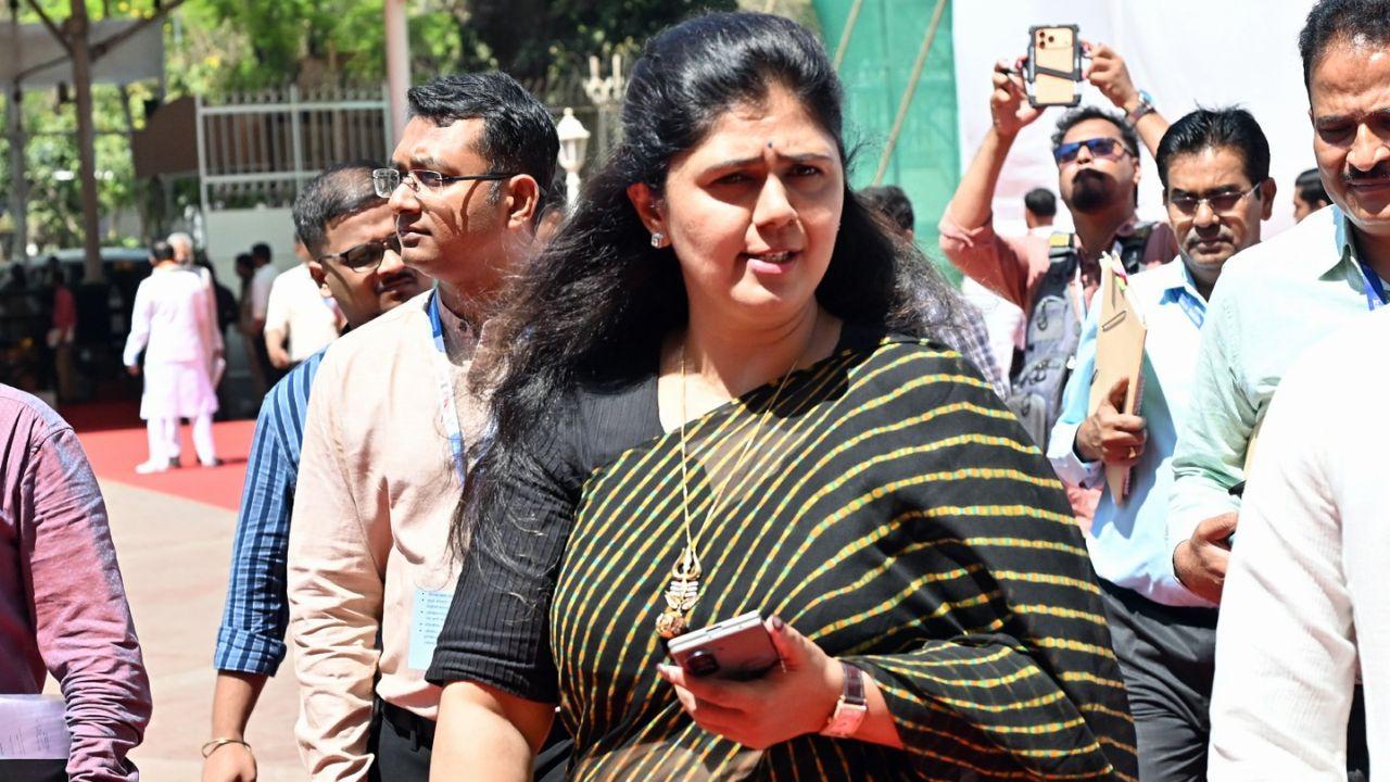 Cabinet Minister for Environment and Climate Change, Pankaja Munde, arrives to participate in the Budget Session 2026 deliberations