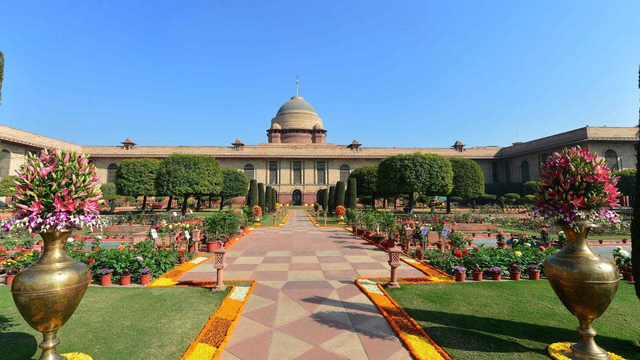 <p>Seasonal flowers bloom across the Central Lawn, one of the original gardens that together form the heart of Amrit Udyan</p>