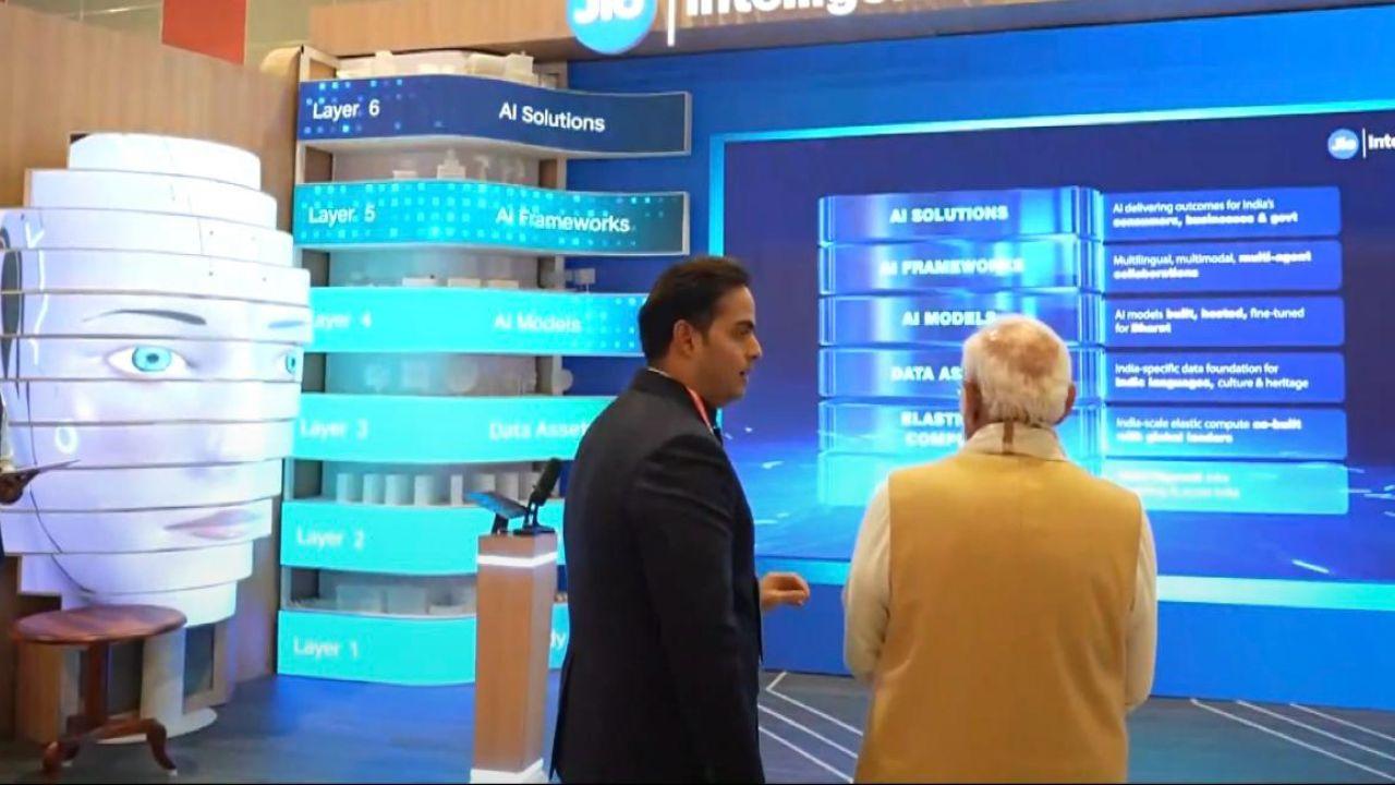 Reliance Jio Chairman Akash Ambani explaining the AI integration exemplifying India’s push for innovation that is globally relevant and scalable