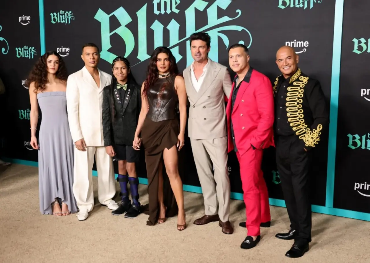 The cast, Safia Oakley-Green, Ismael Cruz Cordova, Vedanten Naidoo, Priyanka Chopra Jonas, Karl Urban, Frank E. Flowers and Temuera Morrison were seen posing at the World Premiere of The Bluff.