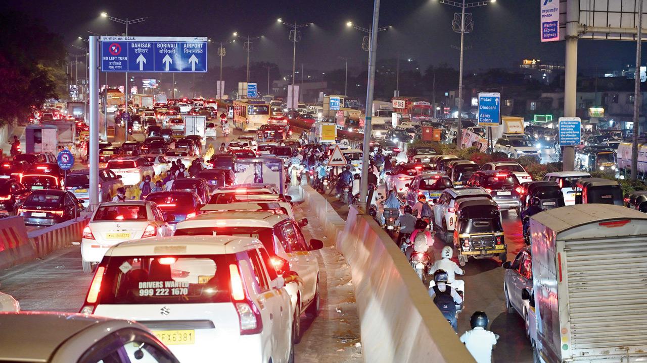 Slow-moving traffic on the Western Express Highway in Santacruz East during evening peak hours on Tuesday