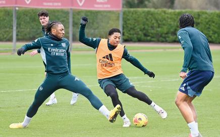 Arsenal players during a training session on Friday. Pic/Getty Images