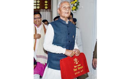 Bihar FM Bijendra Prasad Yadav carries Budget portfolio. PIC/PTI 