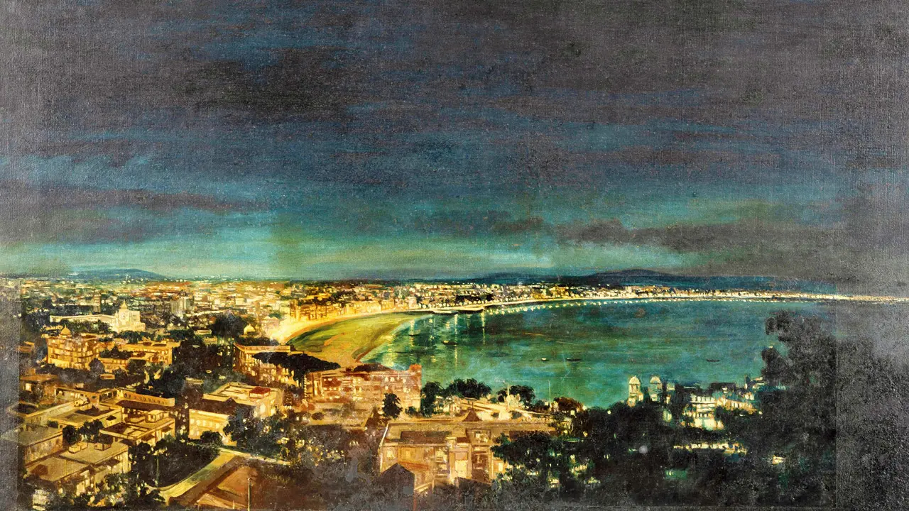 Bombay from Malabar Hill By Night, unidentified artist, c 1950