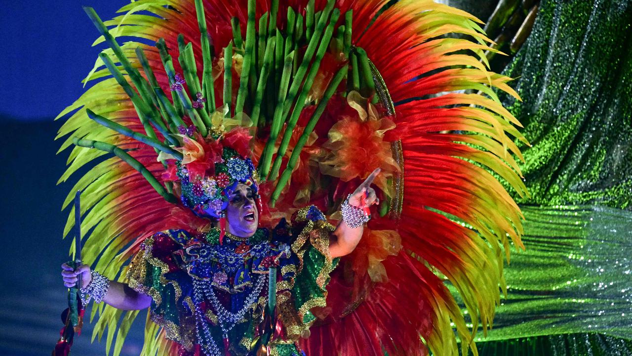 A reveller of the Paraiso do Tuiuti samba school performs on a float during the closing night of the Rio Carnival at the Marques de Sapucai Sambadrome in Rio de Janeiro, Brazil on February 17