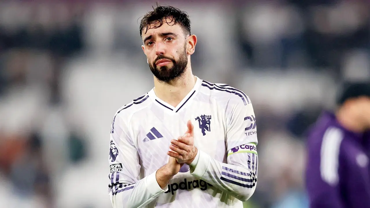A dejected Man Utd skipper Bruno Fernandes after the loss to West Ham on Tuesday. Pic/Getty Images