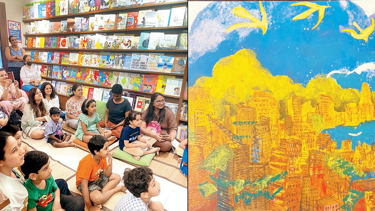 Children during a similar session at the venue; (right) an illustration from the book. Pics courtesy/Shivam Choudhary, Kahani Tree