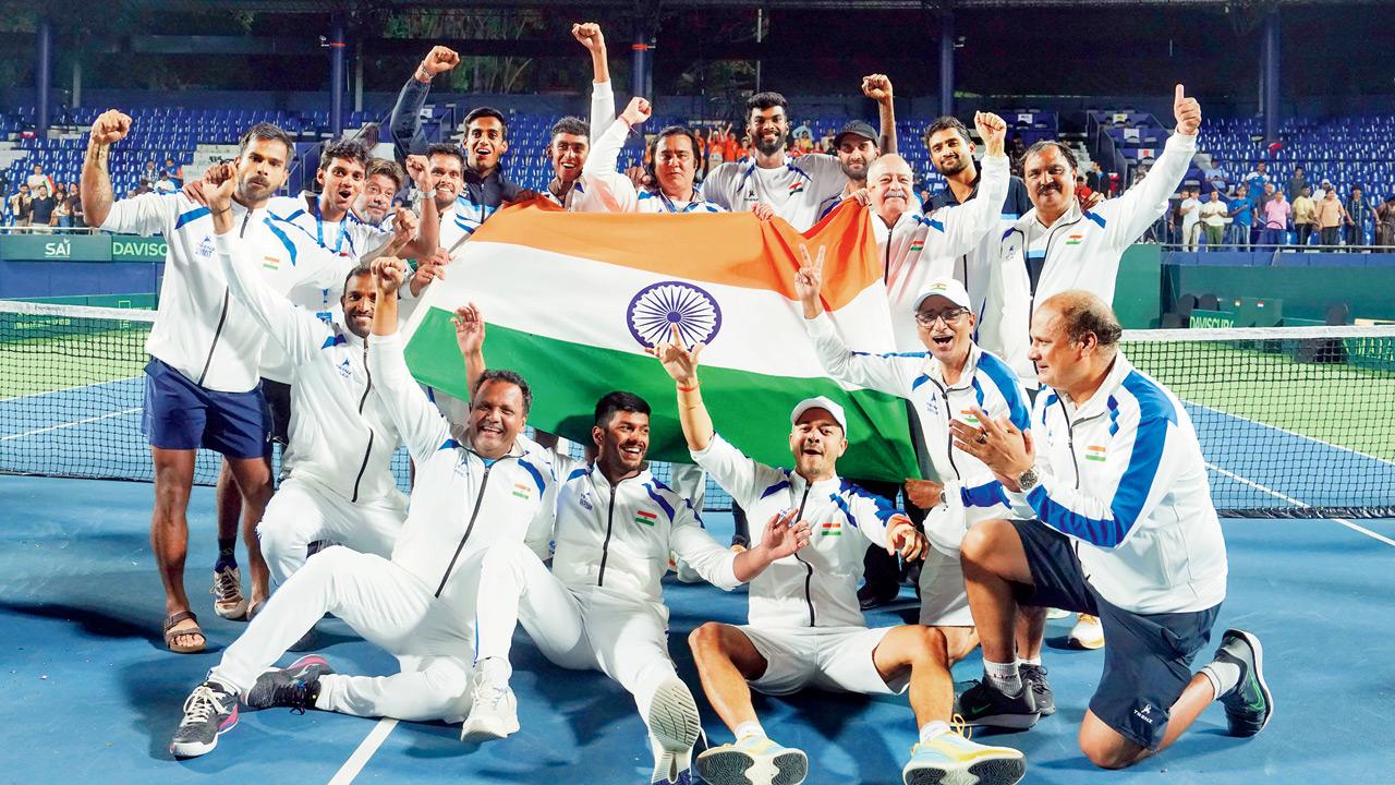 Team India celebrate after winning the Davis Cup Qualifier  against the Netherlands in Bengaluru on Sunday