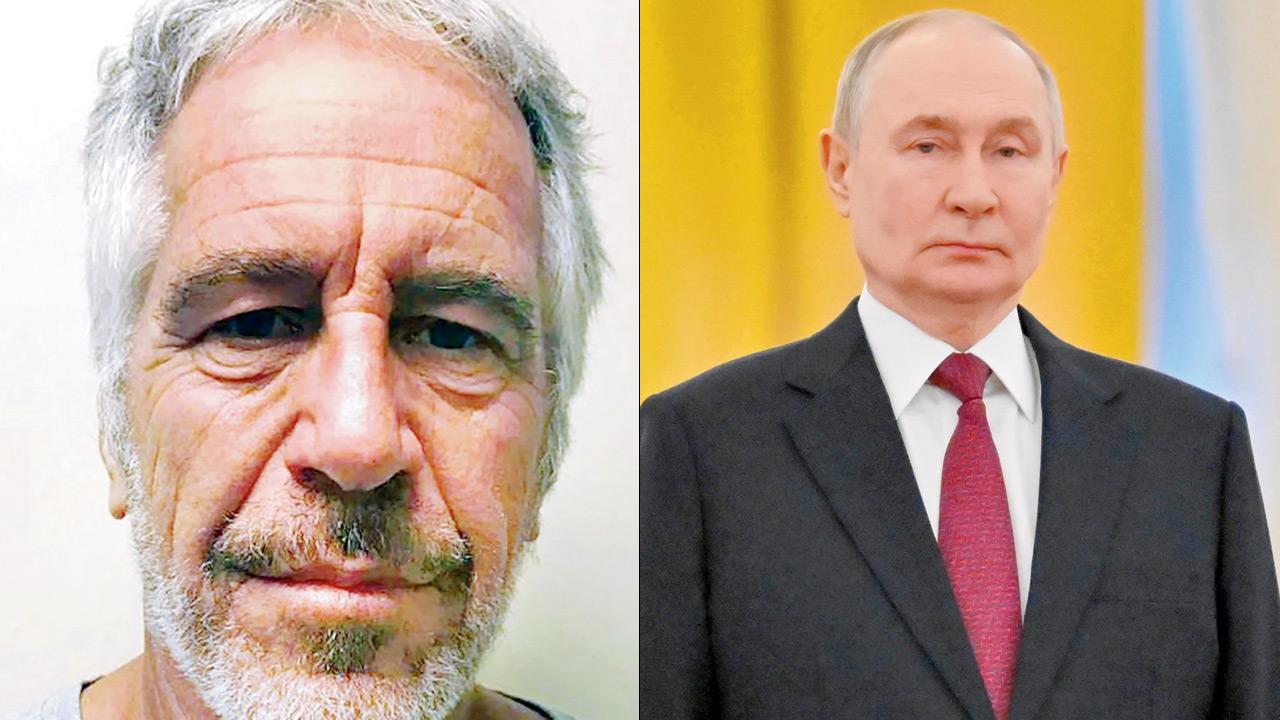Jeffrey Epstein; (right) Russian President Vladimir Putin