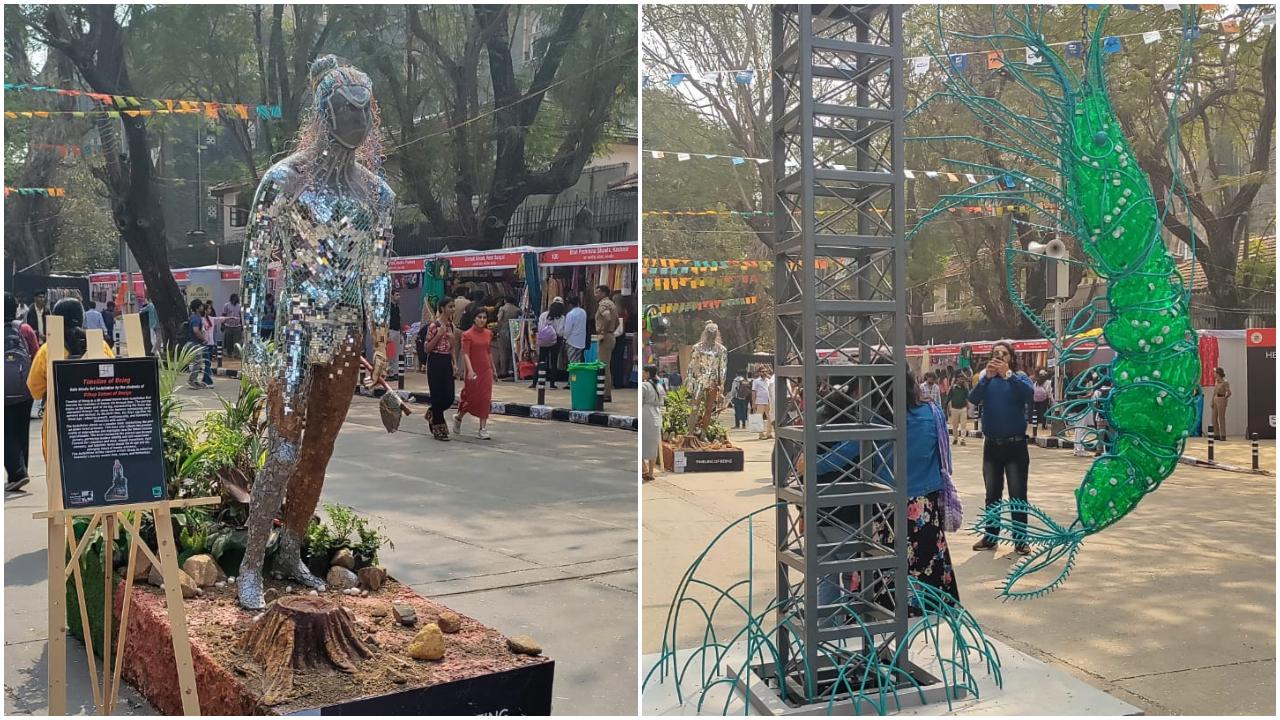 The Last Catch City-based artist Parag Tandel's art installation 'The Last Catch' comes to life to capture the fragile, interdependent relationship between Koli, Mumbai's fishing community, and the ocean that sustains them
The striking artwork stands tall as it depicts a large prawn stuffed with plastic, and discarded fishing nets, hanging from a crane, like a carcass
Timeline of Being The 'Timeline of Being' by the Dilkap School of Design, showcases a 3D-printed human body, that narrates the evolution of human life through time
 