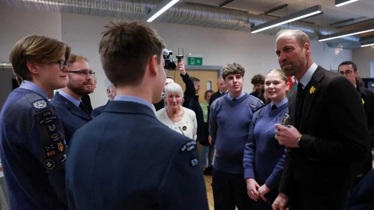 Prince William speaks with members of the Air Training Corps during a visit to Hafan yr Afon, a culture, community and heritage hub, in Newtown, rural Powys, central Wales