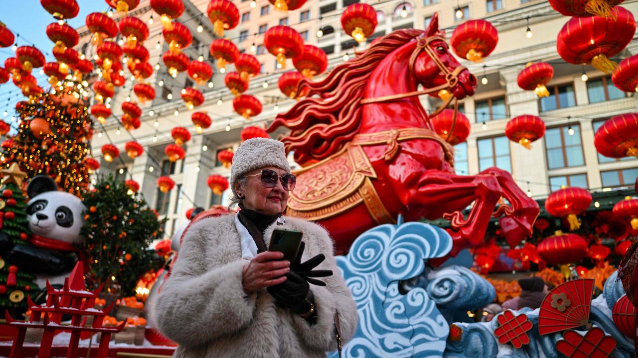 A woman is seen during the Lunar New Year of the Horse celebrations at Moscow's Manezhnaya Square on February 17
