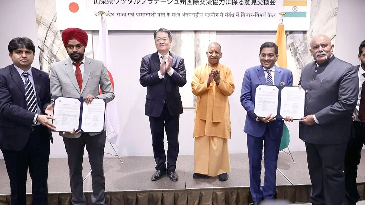 UP CM Yogi Adityanath signed an MoU with Governor Kotaro Nagasaki to strengthen cooperation in industry, tourism, vocational education, and green energy, including a focus on Green Hydrogen and technology exchange In Yamanashi Prefecture, Japan. PIC/X