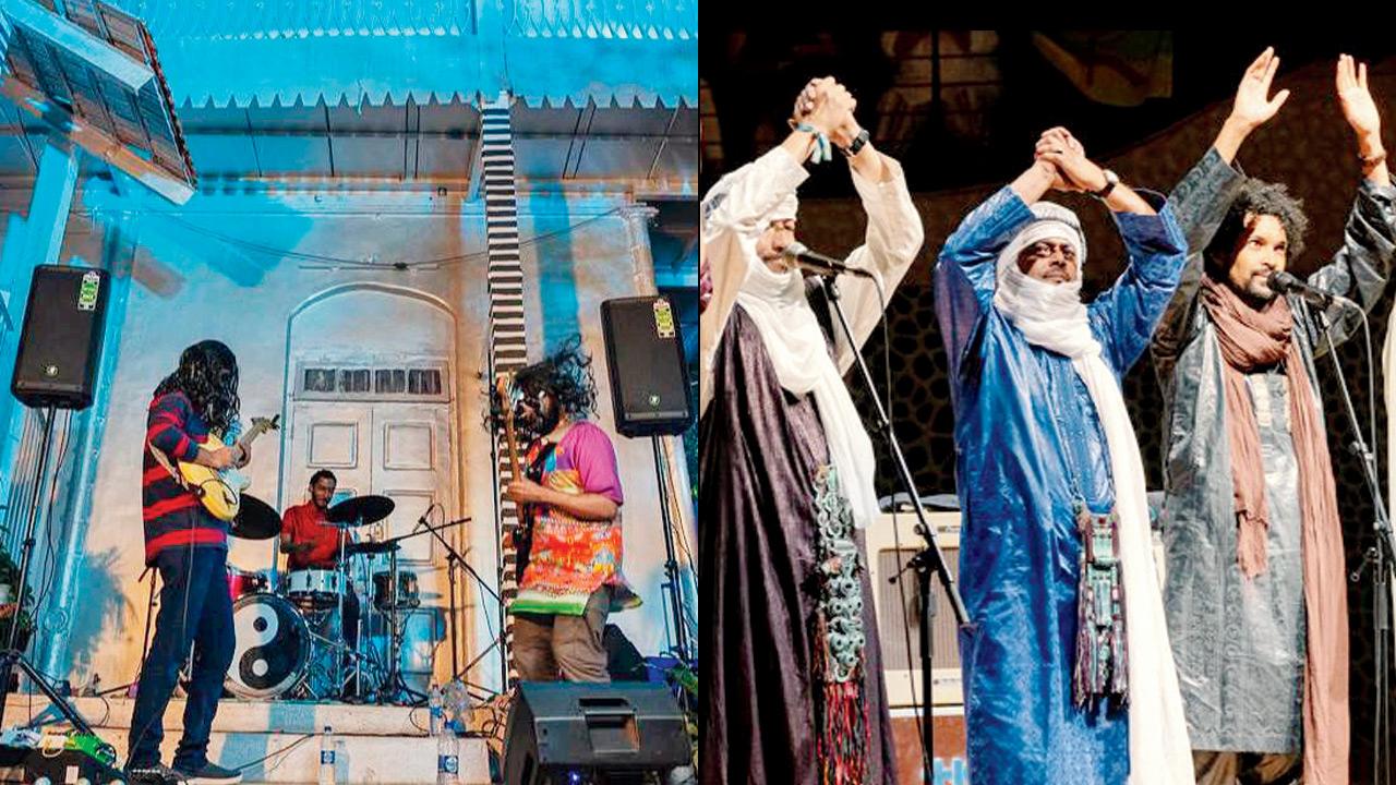 Taktook during a musical showcase; (right) Tinariwen performs at a concert. pics courtesy/@_sohilbelim, @tinariwen