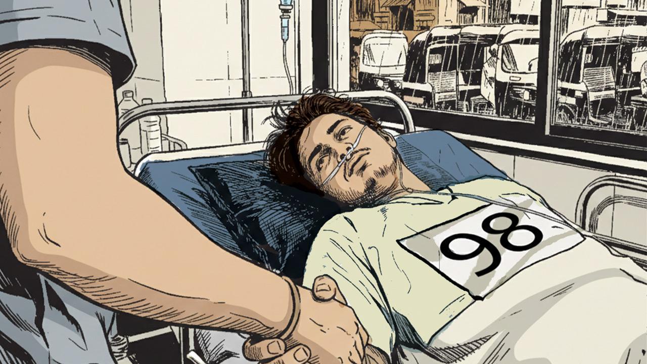 Nivrutti is rushed by police officers to hospital and admitted for treatment. illustrations/Uday Mohite