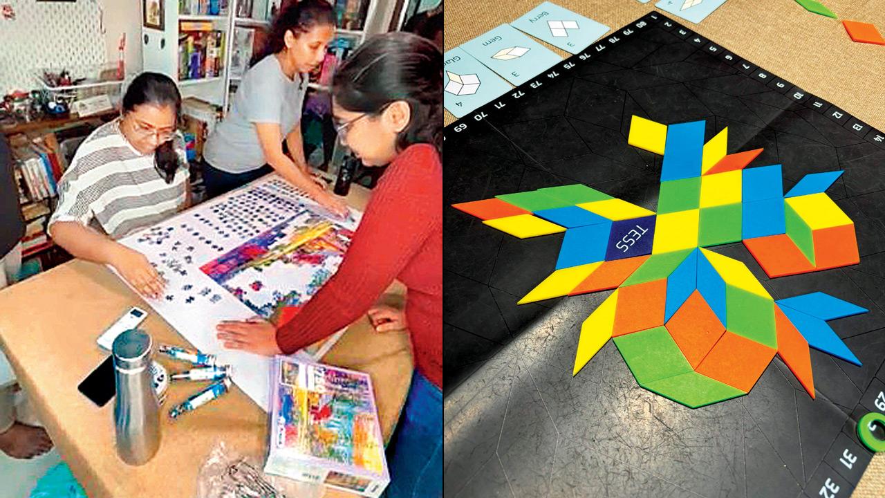 Players solve a jigsaw puzzle; (right) the board game titled ‘Tess’