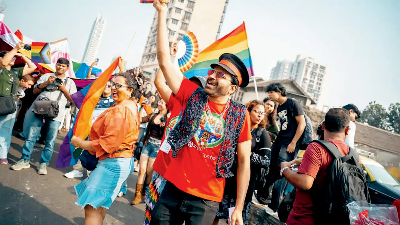 A moment from the Mumbai Queer Pride March. Pic courtesy/@mumbaiqueerpride