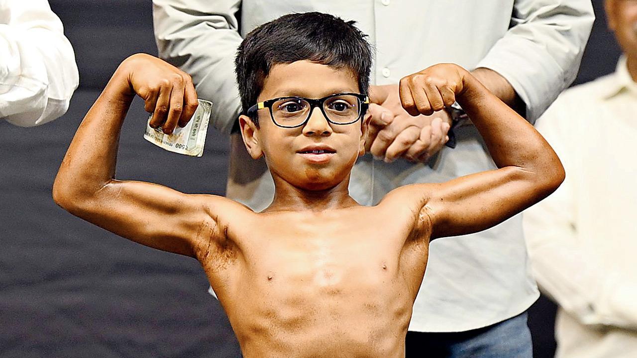 Rachit Panchal participates in the Junior Mumbai Shree 2026 in Malad East on Sunday. PIC/RANE ASHISH