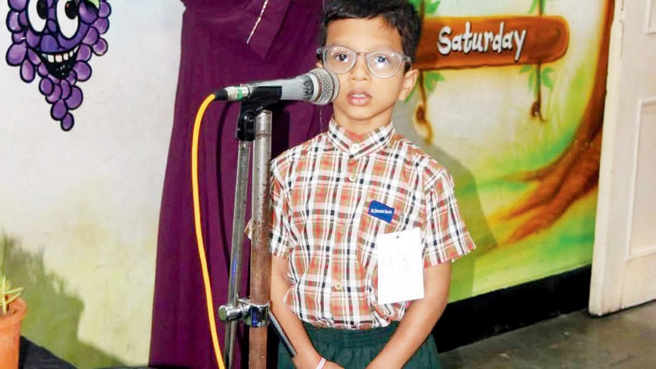 The senior KG student in his school uniform recites a speech at St Joseph’s High School, Wadala. Pic/The Panchals